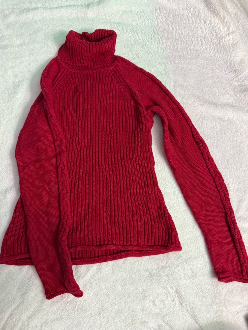 Style & Co. Red Ribbed Cable-Trim Turtleneck Sweater, petite fit woman small